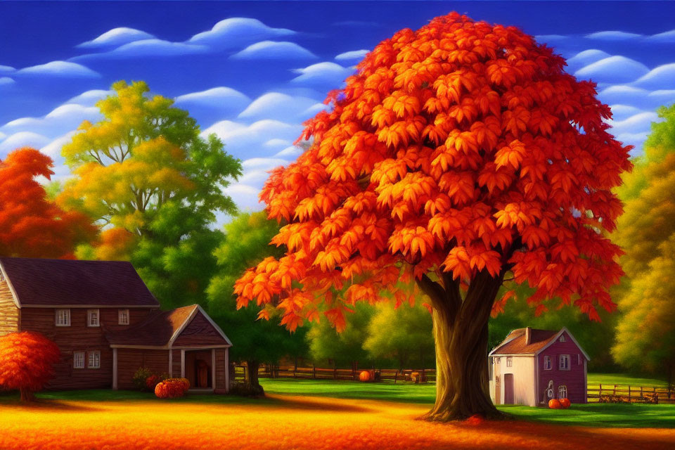 Scenic autumn landscape with orange-leaved tree, wooden fence, and rustic houses