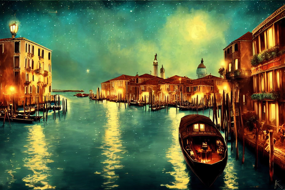 Serene Venice Canal Night Scene with Glowing Lights