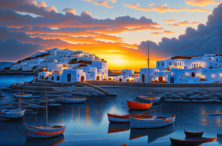 Greek Island Village Sunset: White Buildings, Boats, Golden Hues