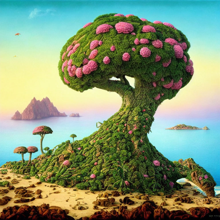 Whimsical painting of lush tree overlooking serene sea