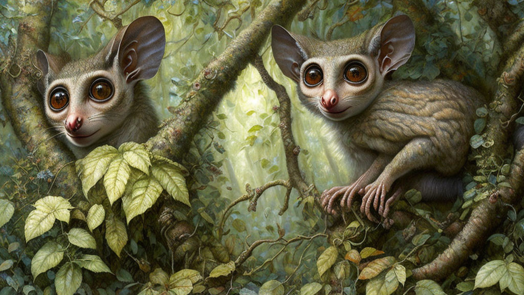 Adorable bush babies on tree branch with green foliage