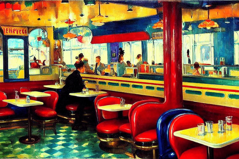Colorful painting of classic diner interior with red and white booths, checkered floor, and counter with