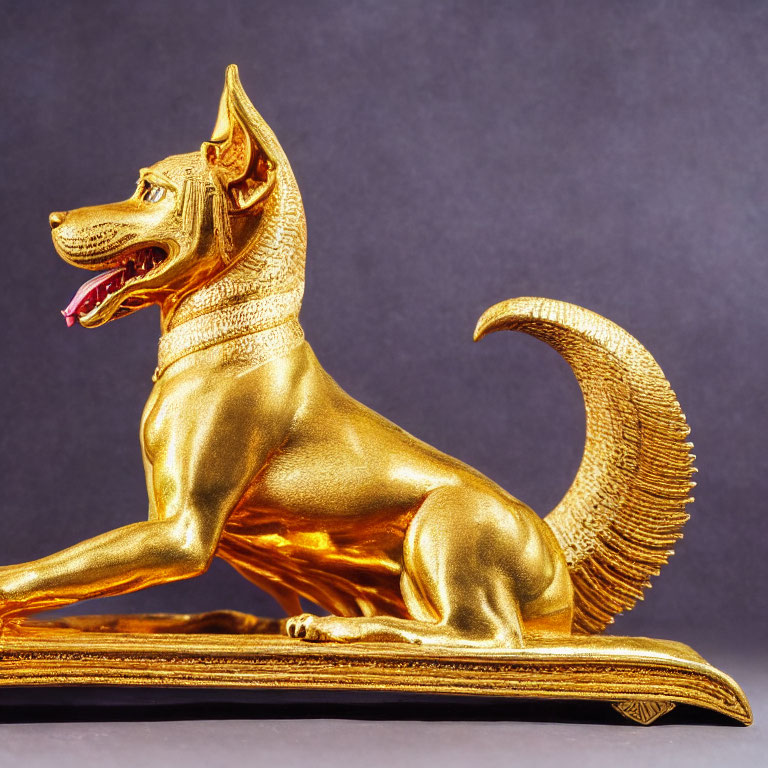 Intricately detailed golden dog statue on purple background