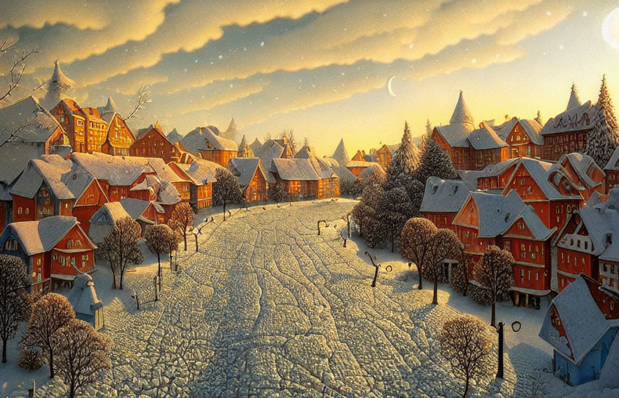 Snowy village at dusk: warmly lit houses, cobblestone street, glowing sunset sky.
