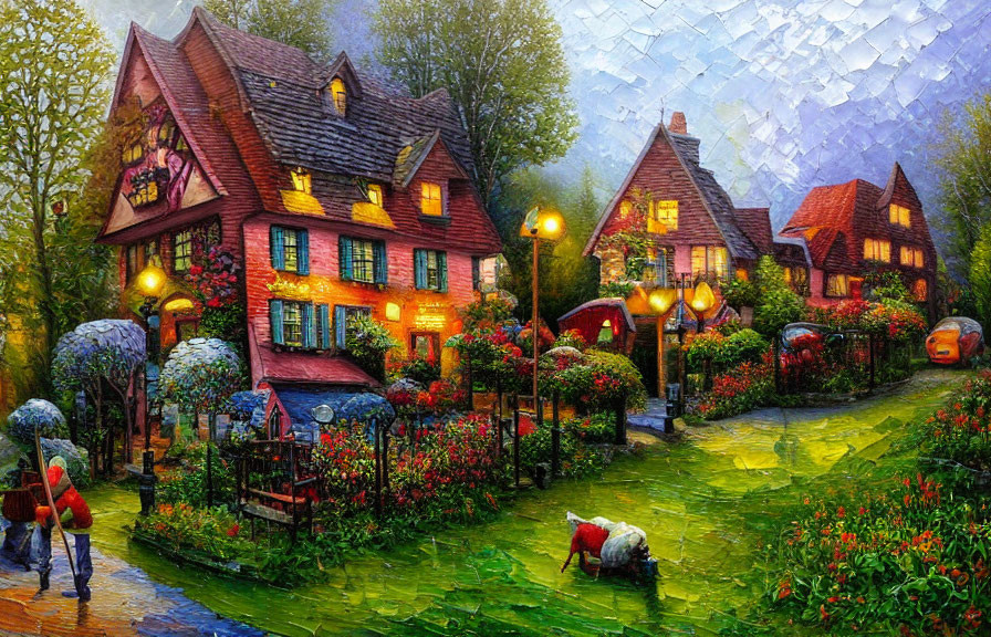 Charming Village Scene with Flowerbeds, Houses, People, Umbrellas, and Dog