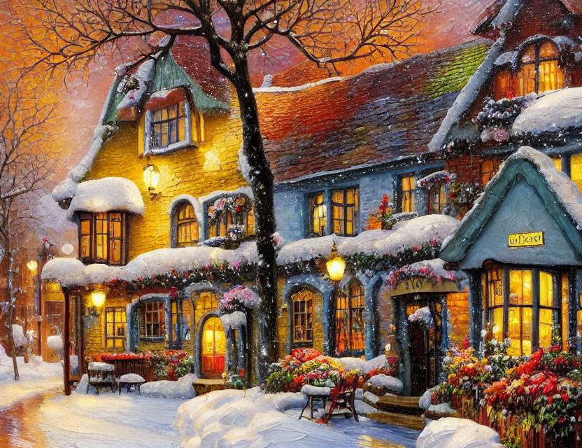 Snow-covered cottage with warm lights in winter twilight