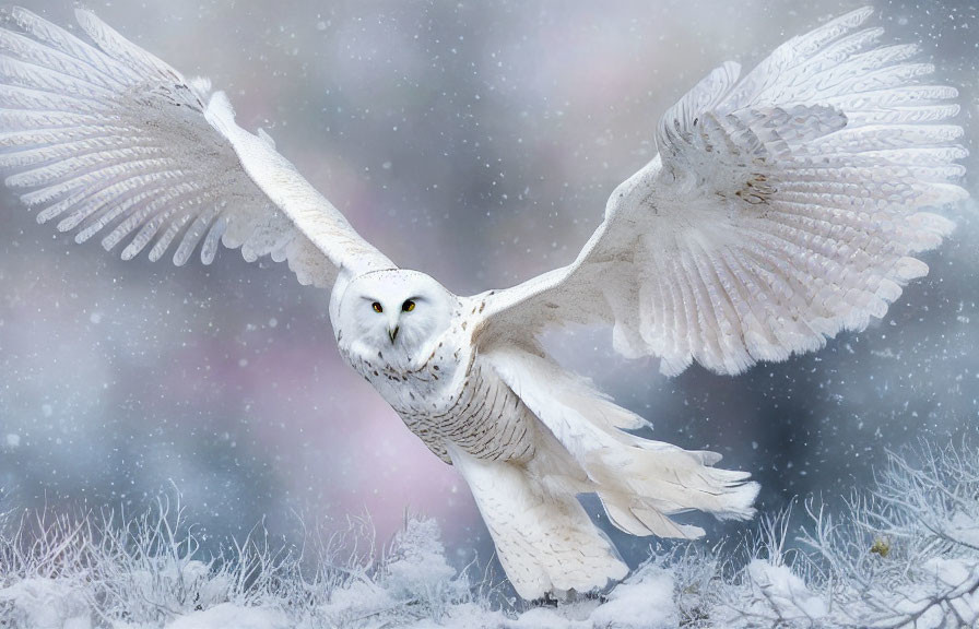 Snowy Owl Flying with Outspread Wings in Snowy Background