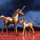 Golden unicorns with shimmering manes in cosmic sky