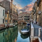 Dolphin leaping in Venetian canal with colorful buildings and gondolas
