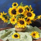 Colorful Sunflower Bouquet Painting on Starry Blue and Gold Background