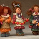 Three dolls in vintage autumn outfits with floral hats and frilly dresses amidst fallen leaves
