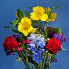 Vibrant 3D Metal Wall Art of Colorful Flowers on Blue Background