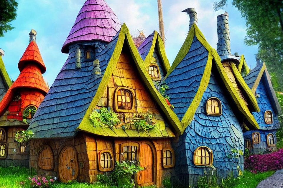 Vibrant fairytale cottages in lush greenery under bright sky