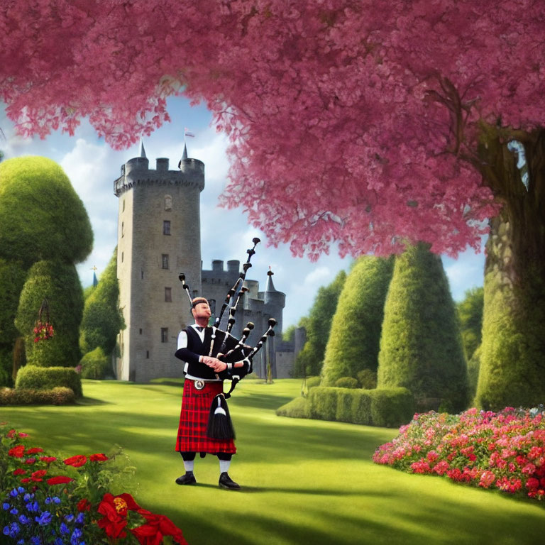 Traditional Scottish bagpiper playing near castle in cherry blossom garden.