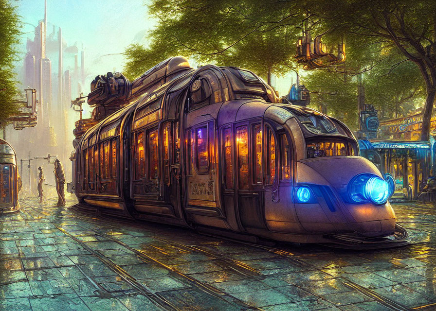 Futuristic tram with glowing blue headlights in urban setting