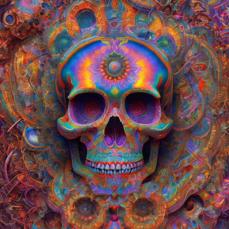 Colorful Psychedelic Skull Artwork with Blues, Purples, and Oranges