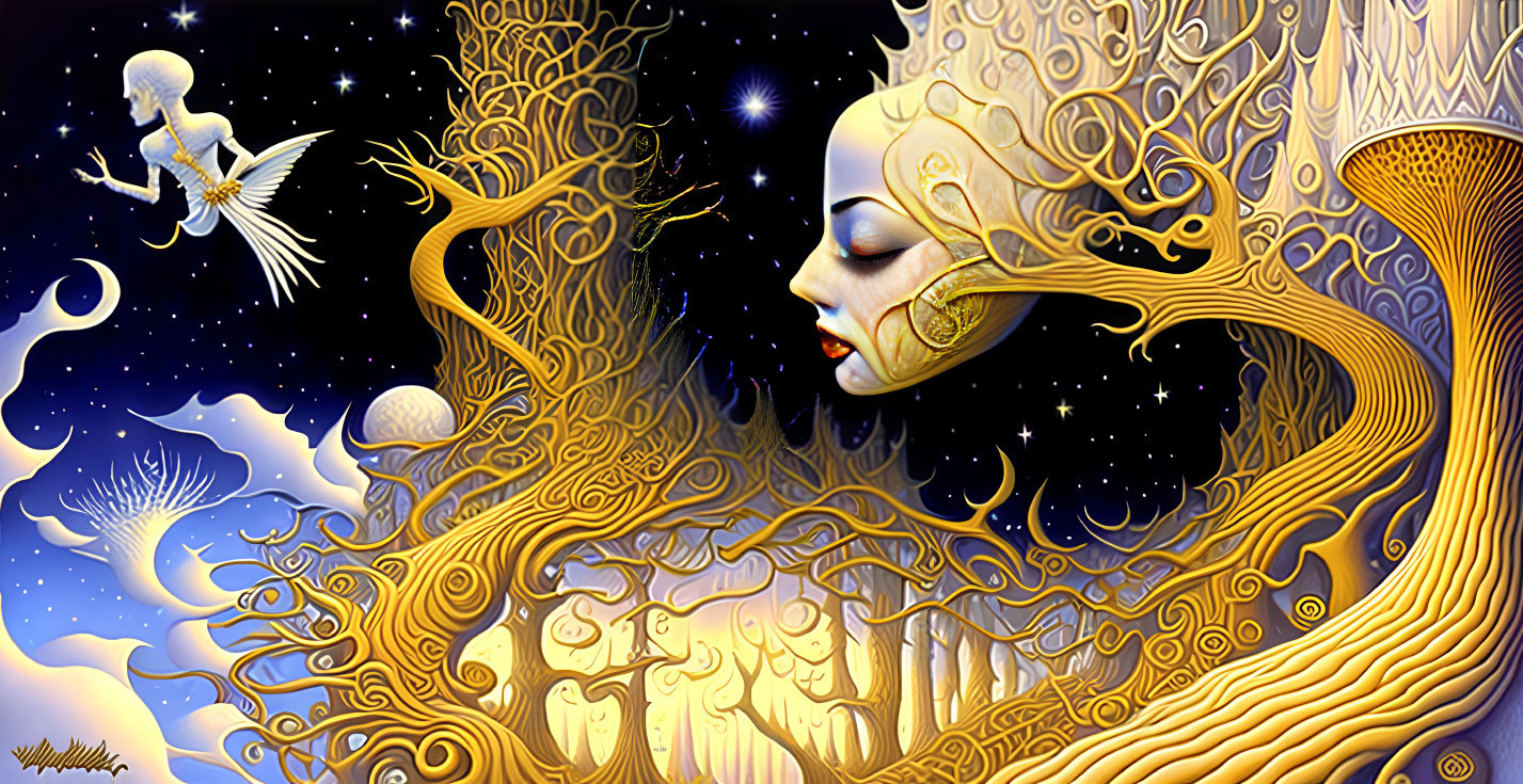 Surreal cosmic illustration with intricate golden patterns and celestial elements