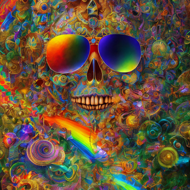 Colorful Psychedelic Skull with Rainbow Sunglasses and Fractal Background
