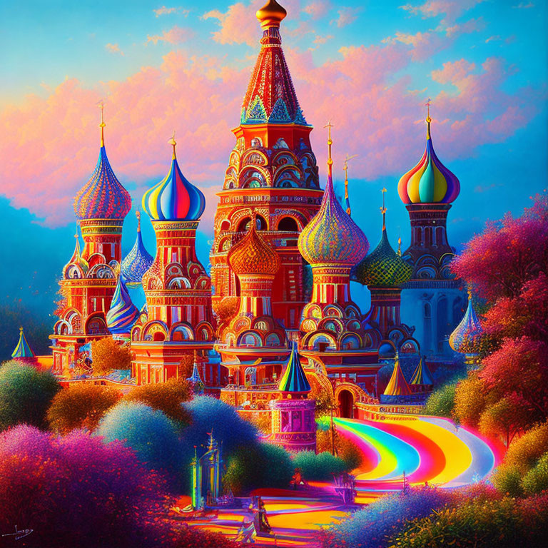 Colorful Saint Basil's Cathedral in Moscow with rainbow pathways and fantastical foliage under dreamlike sky