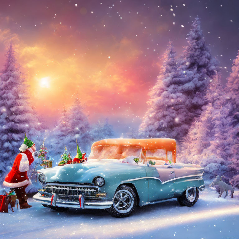 Vintage car with Santa Claus in snowy landscape and evergreen trees at twilight