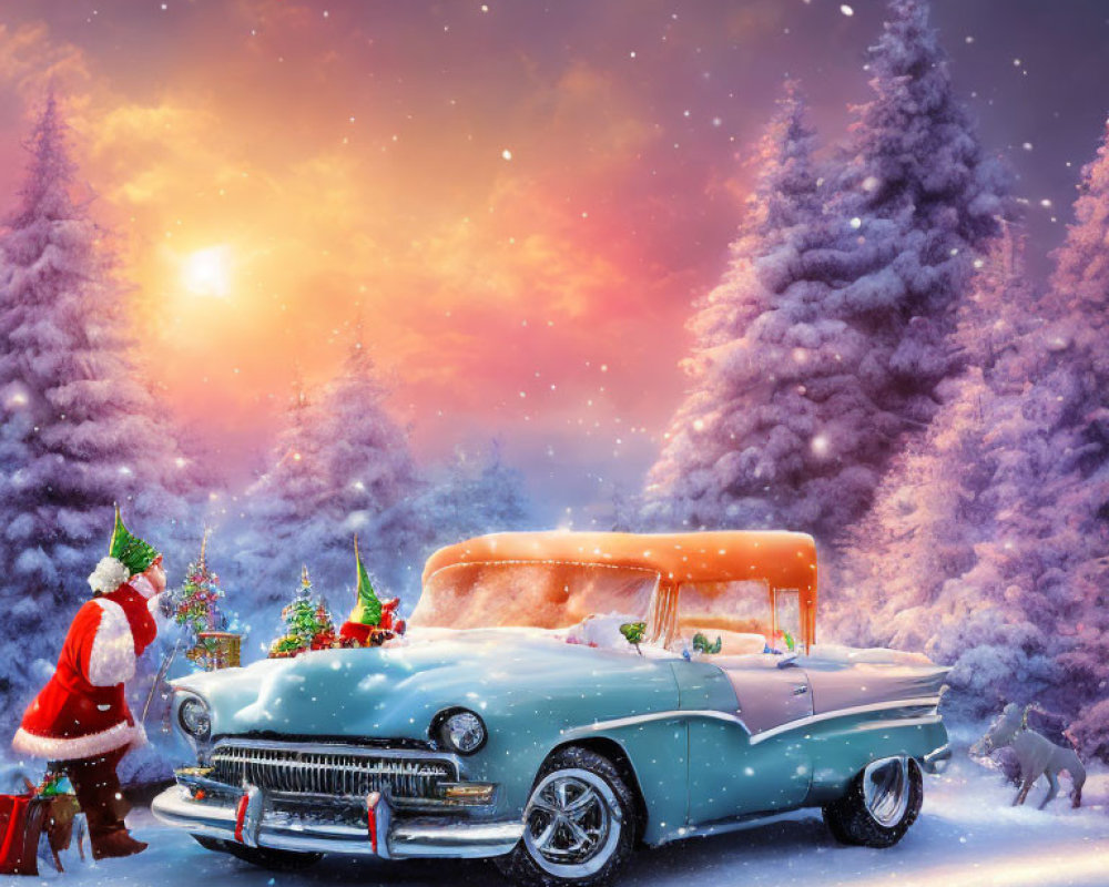 Vintage car with Santa Claus in snowy landscape and evergreen trees at twilight