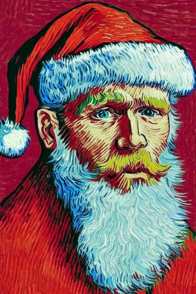 Colorful Painting: Bearded Man in Santa Hat with Van Gogh-Inspired Brushstrokes