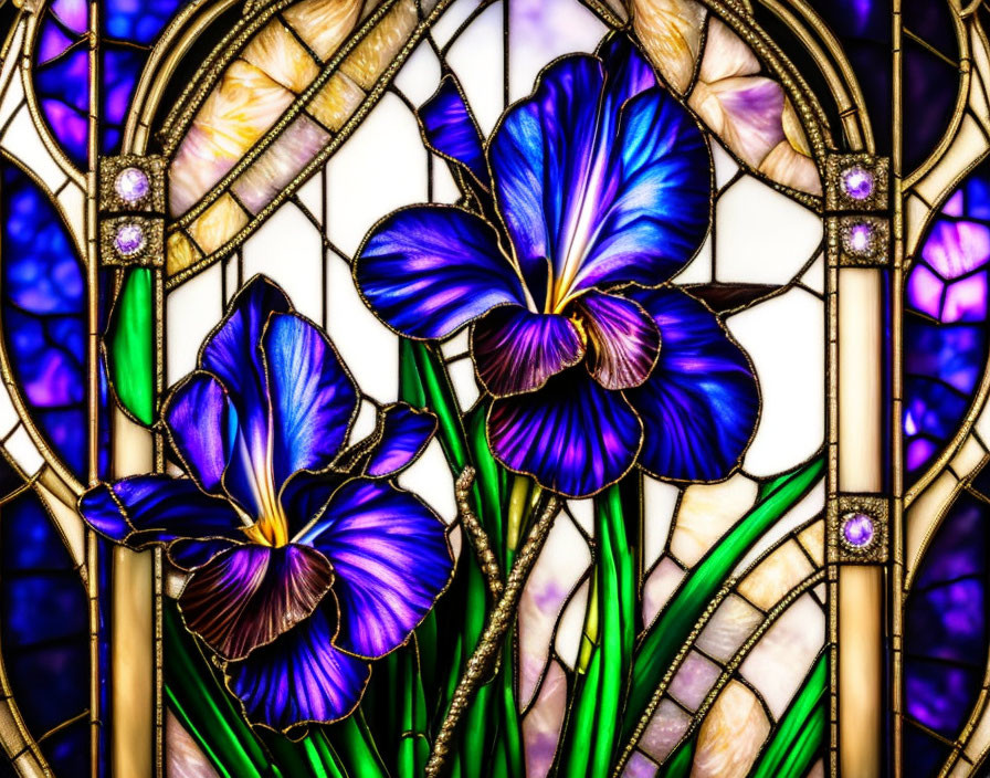 Colorful Stained Glass Window with Blue and Purple Irises
