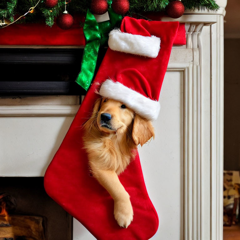 Golden retriever puppy in Santa hat emerges from red Christmas stocking on festive mantelpiece