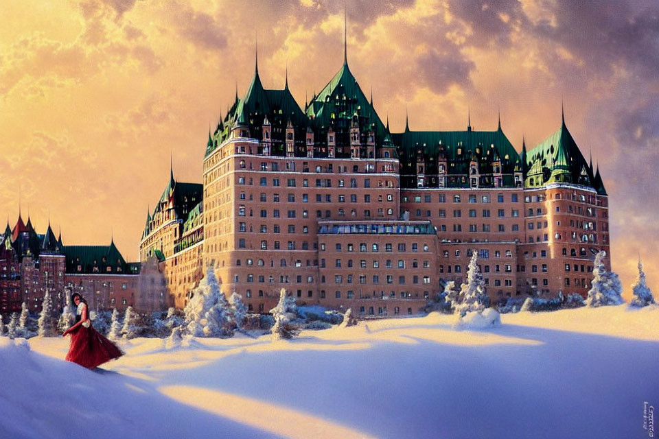 Historic hotel with green roofs under pink winter sky, person in red dress walking in snow