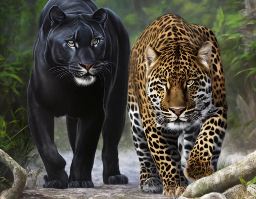 Black Panther and Spotted Jaguar Together in Misty Forest