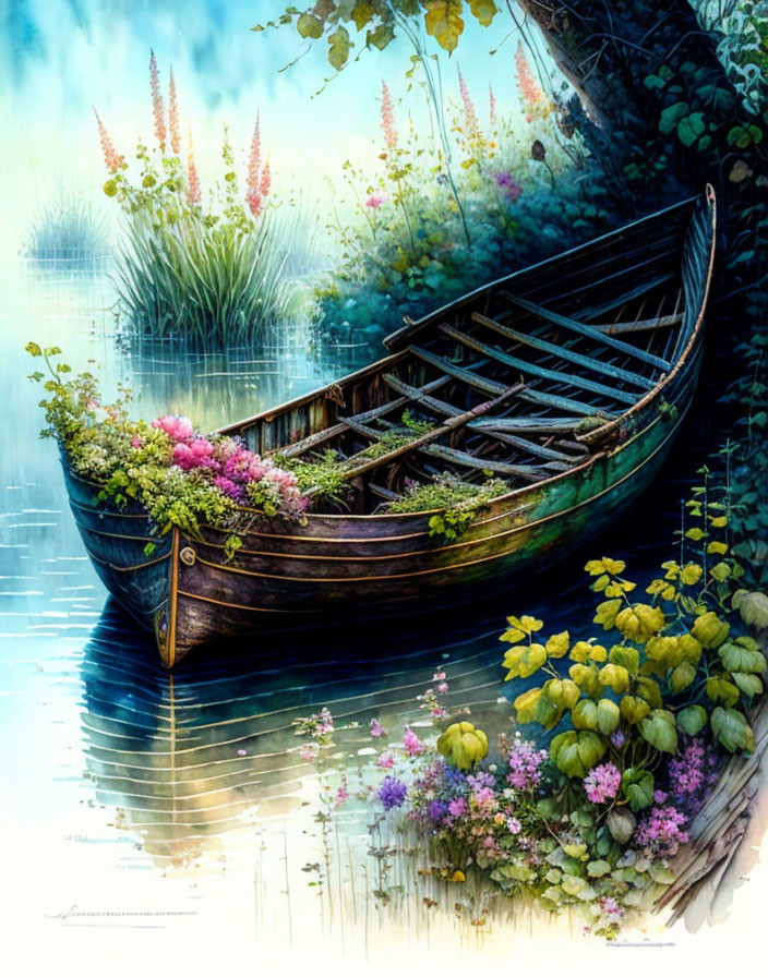 Wooden boat filled with pink flowers near lush greenery and blooms