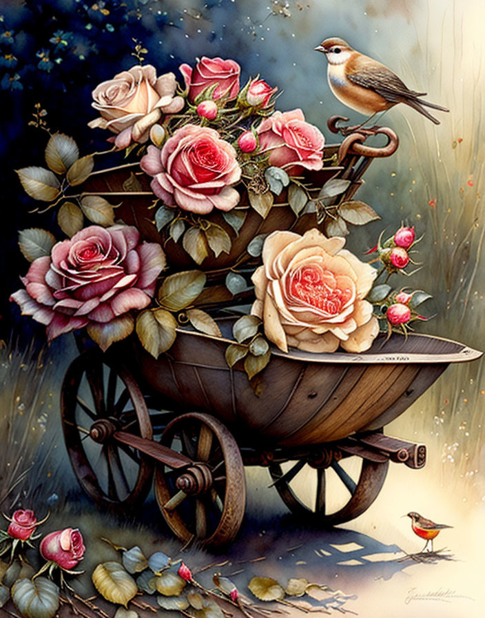Antique roses in a wheelbarrow 