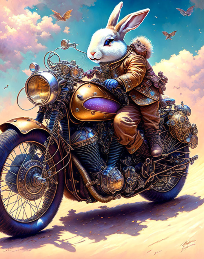 Steampunk-style motorcycle with cosmic motifs and butterflies in the sky