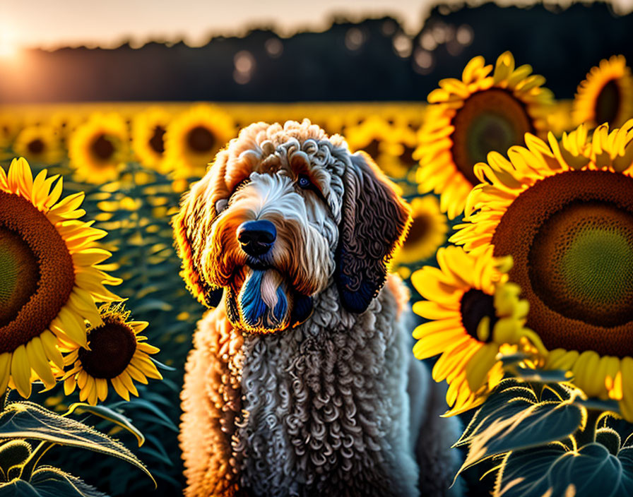 Goldendoodle among the sunflowers 