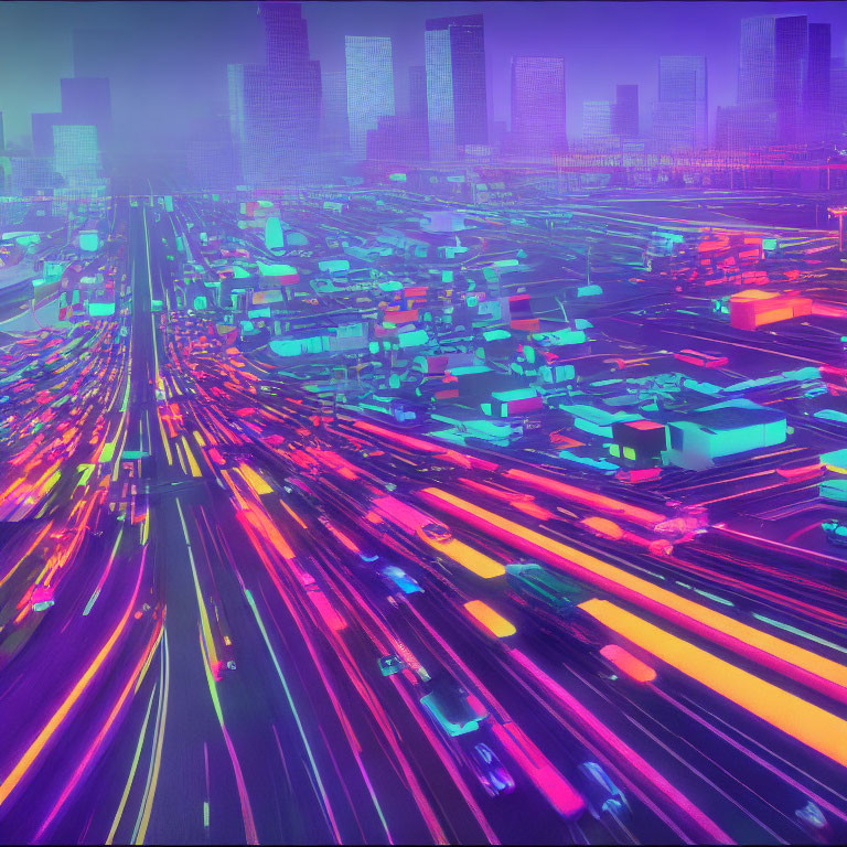 Futuristic cityscape digital art with neon light streaks
