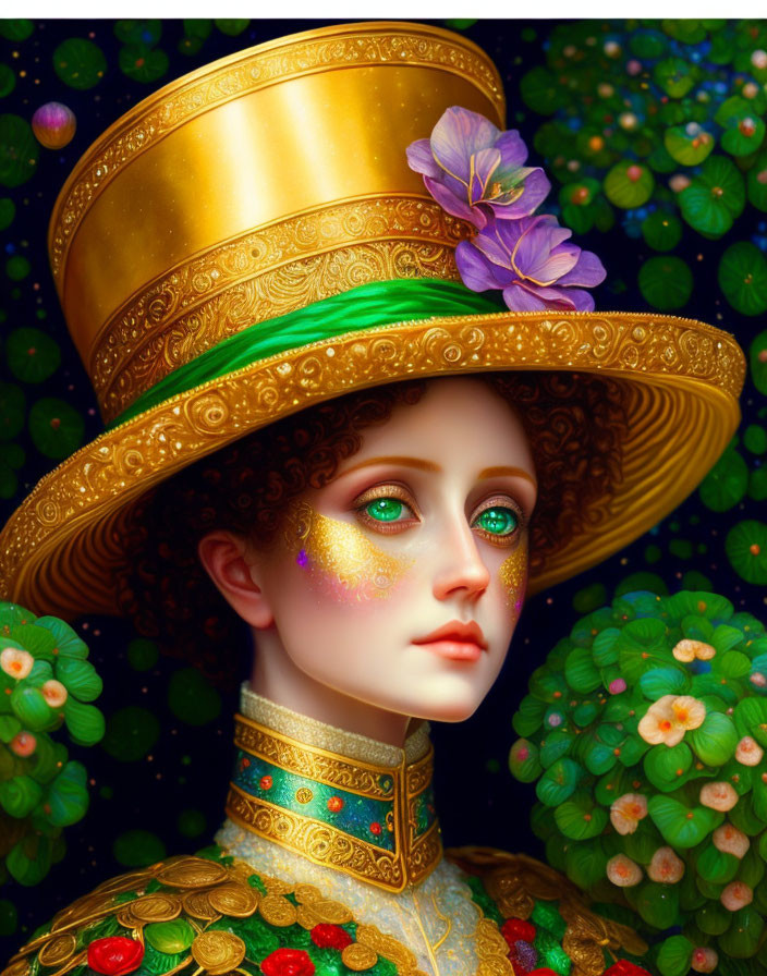 Person with Green Eyes in Glitter Makeup & Golden Hat with Purple Flower on Floral Background
