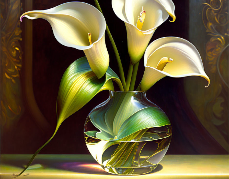 Realistic digital painting of white calla lilies in glass vase with warm light