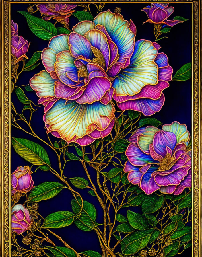 Colorful Flowers in Stained Glass Style Illustration with Gold Outlines