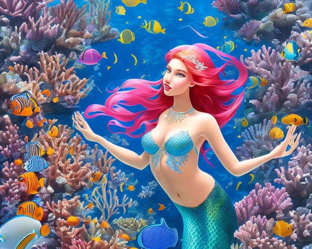 Vibrant Pink-Haired Mermaid Swimming in Colorful Underwater Scene