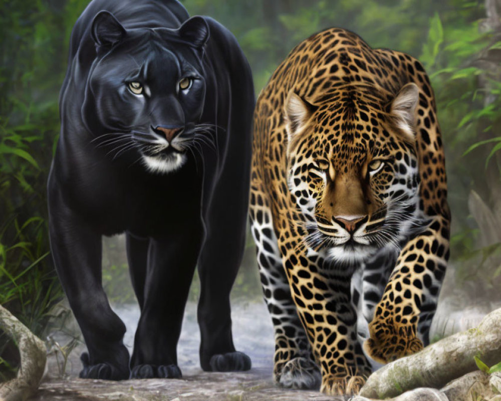 Black Panther and Spotted Jaguar Together in Misty Forest