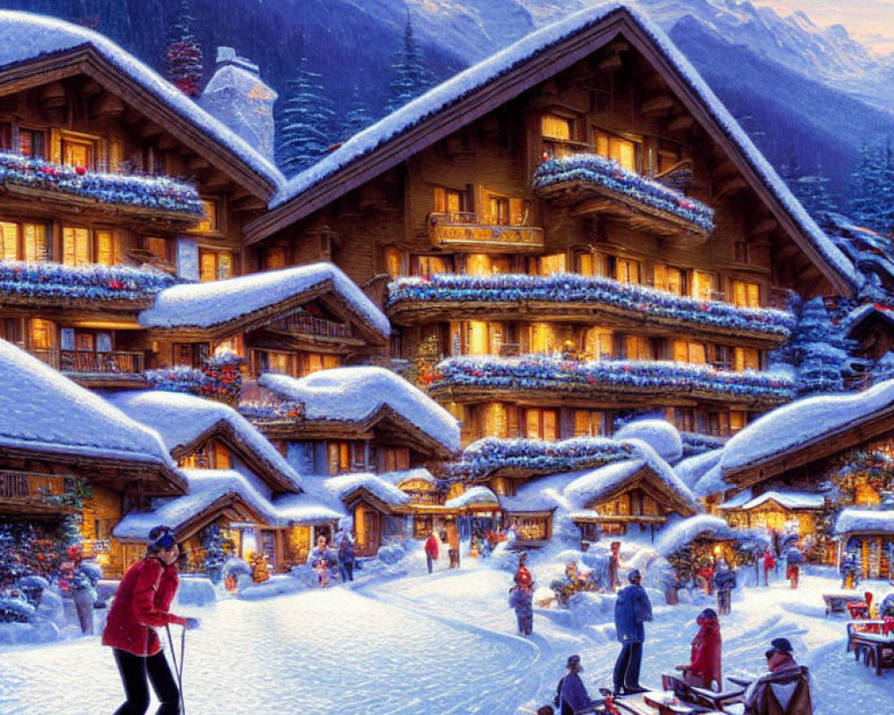 Snow-covered chalets, skiing, and sled rides in a vibrant winter mountain village