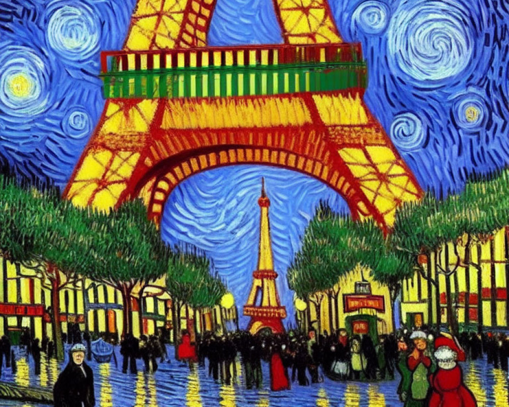 Starry night painting of Eiffel Tower with people walking, post-impressionist style