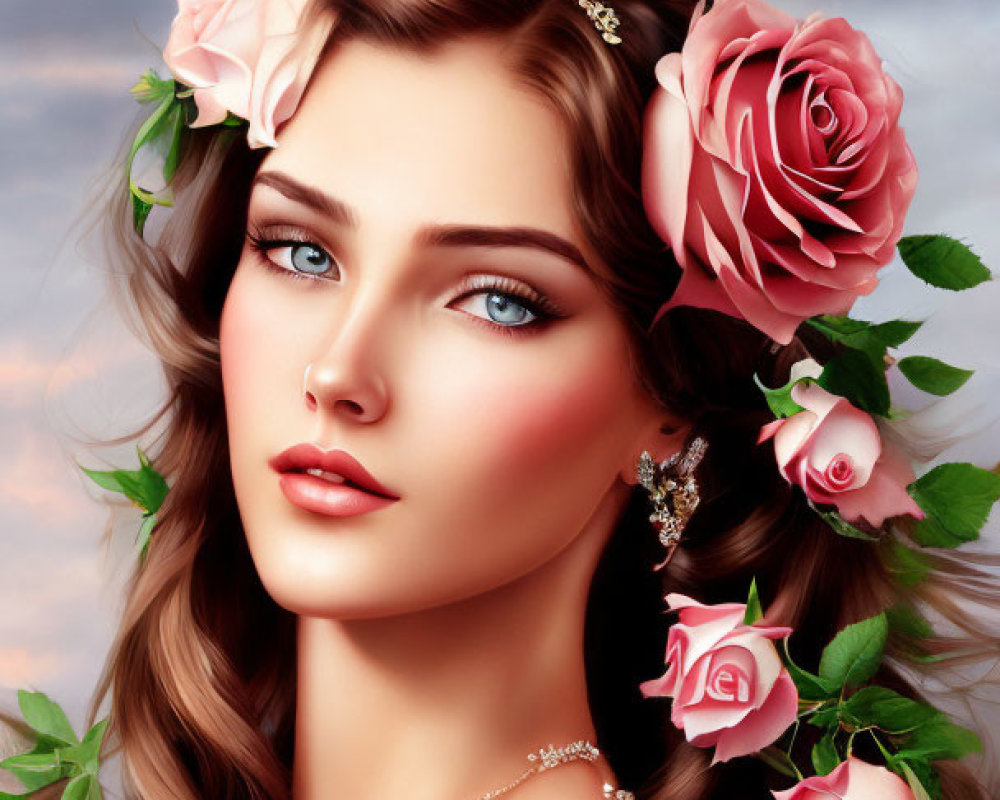 Illustration of woman with blue eyes, roses in hair, sparkling jewelry
