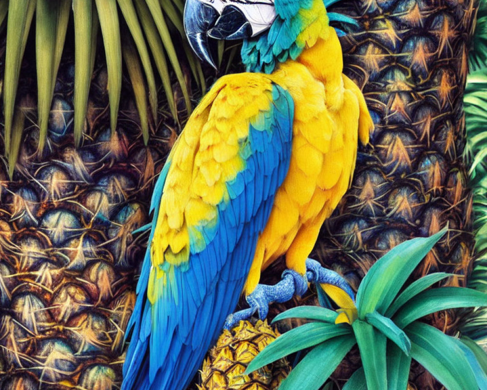 Colorful Macaw Perched on Green Foliage with Pineapple