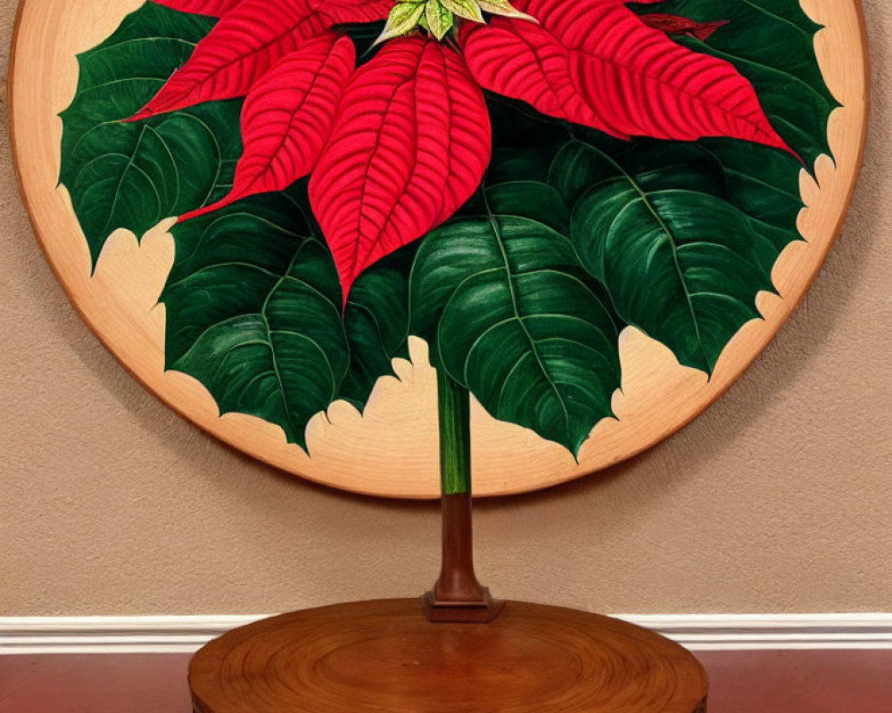 Wooden poinsettia display on circular stand against terracotta wall