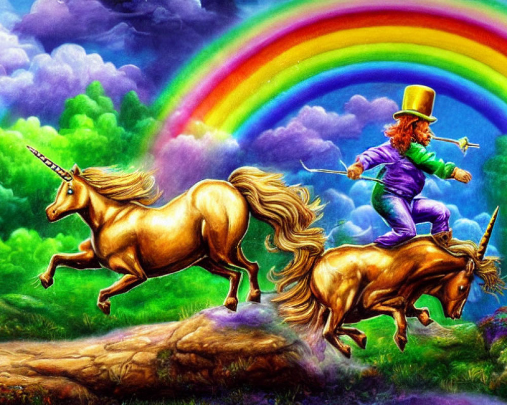 Colorful man in green suit and top hat rides unicorn under rainbow in lush landscape