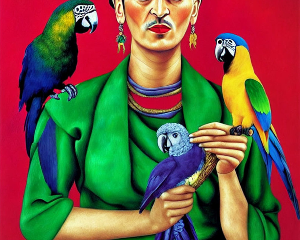 Portrait of woman with unibrow holding blue parrot in green garment