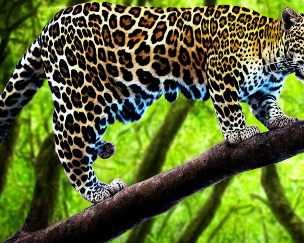 Majestic leopard perched on tree branch in lush forest scene