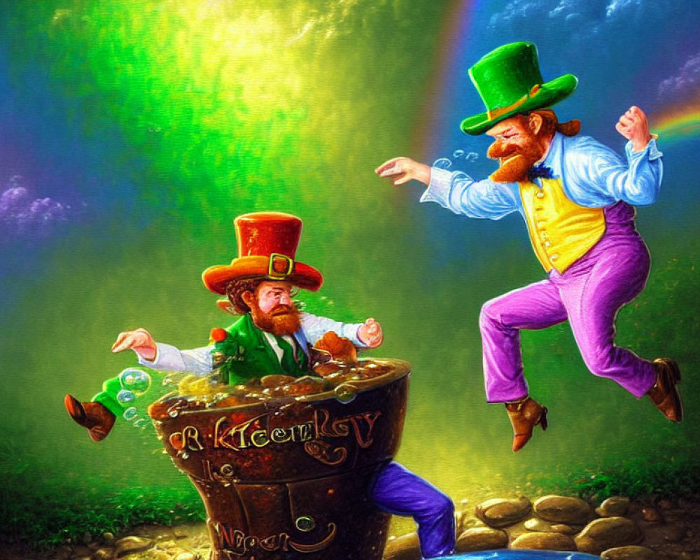 Leprechauns dancing near pot of gold and rainbow coins