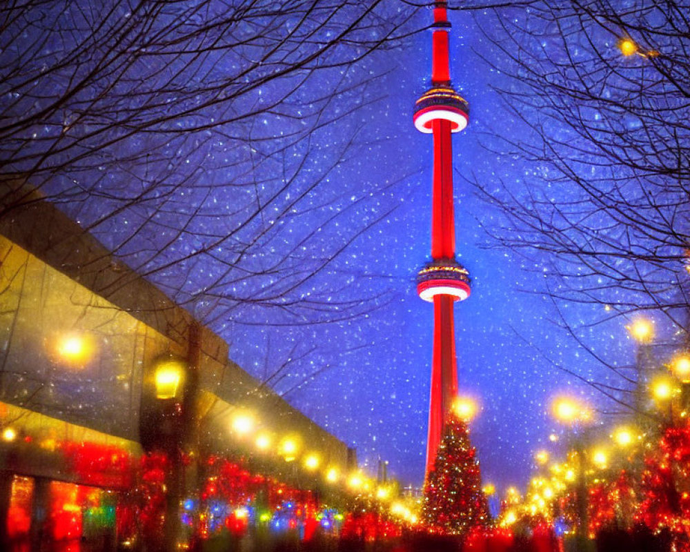 Illuminated tower and Christmas tree in night scene